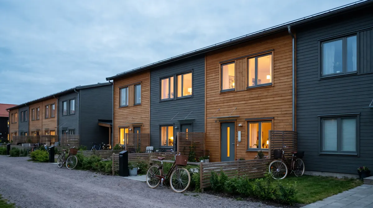 Radhus i skymning med ljus i fönstren