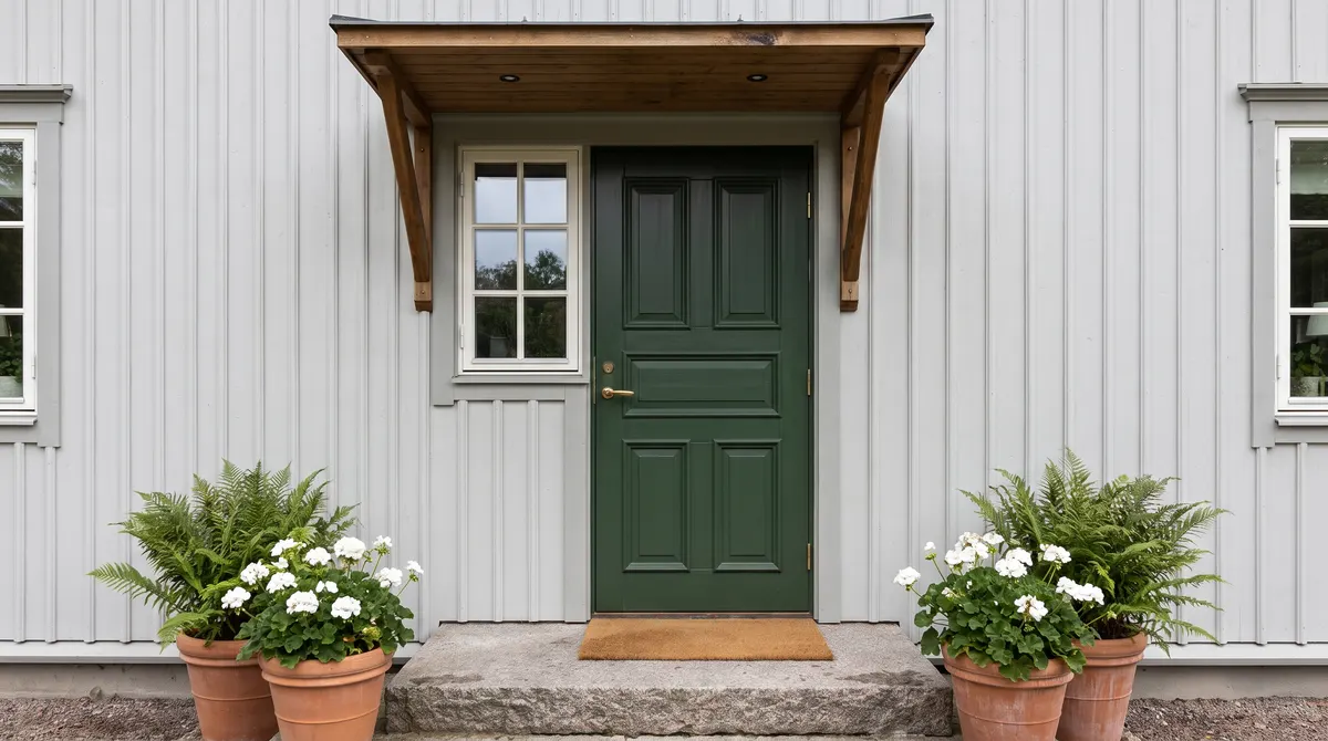 Entrédörr till en villa med en krukväxt på trappan