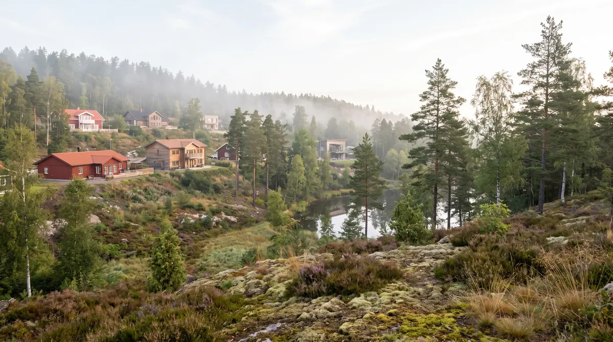 Bostadsområde på en skogsklädd sluttning med en sjö bakom
