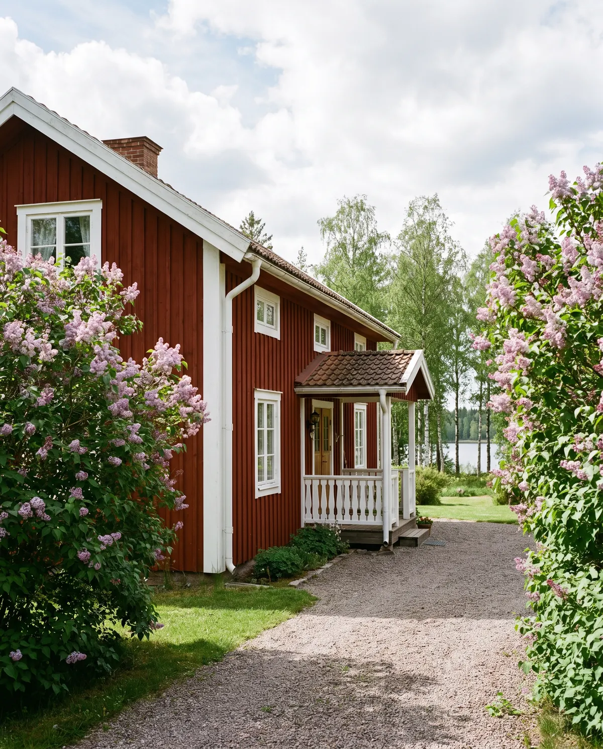 Rött trähus med vita knutar och syrener