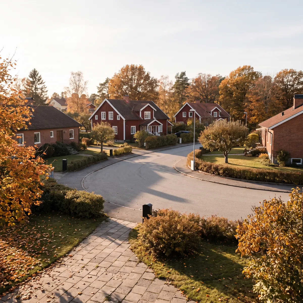 En återvändsgata med villor i höstljus